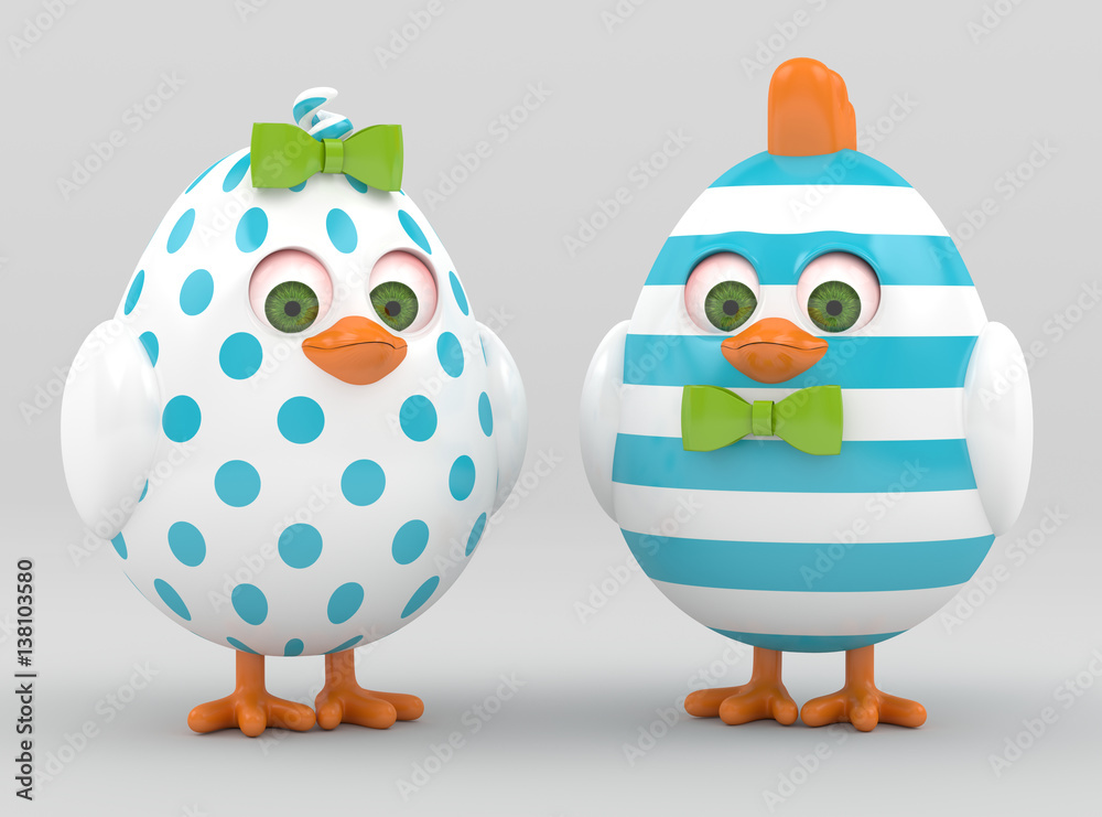 3d render of Easter painted chicks over grey