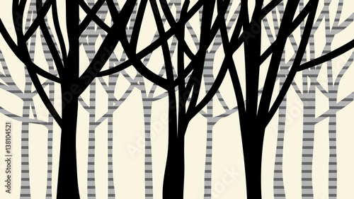 abstract nature design of trees in a forest with black silhouette of trunk and branches in foreground and gray striped birch or spotted tree bark concept in background
