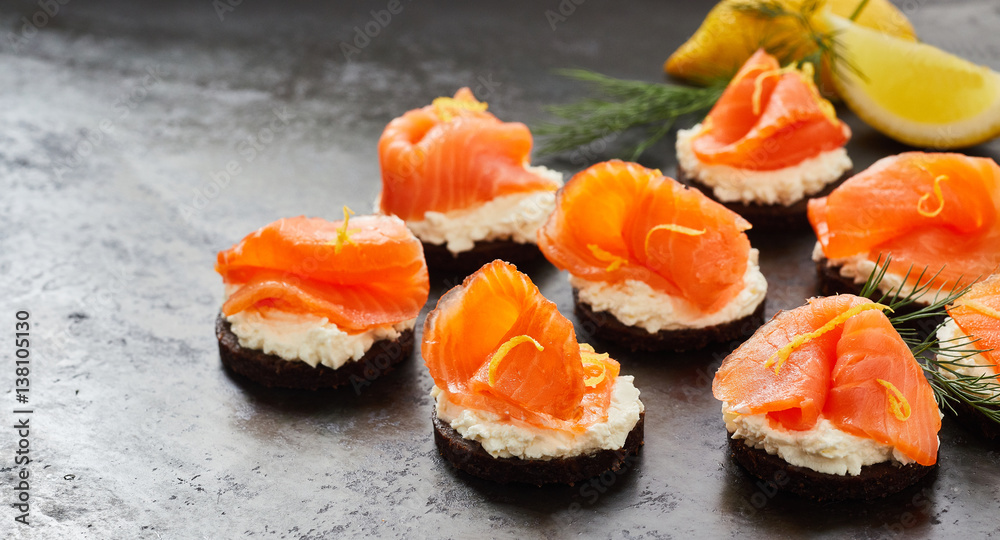 Smoked salmon or lox canapes panorama