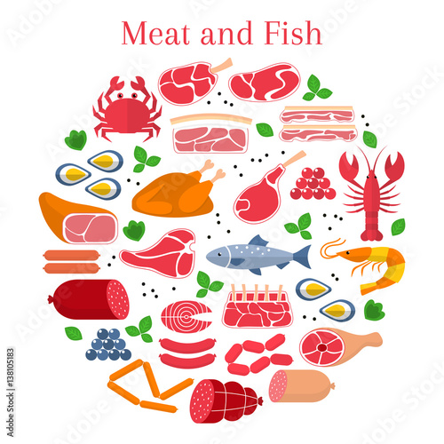 Vector flat illustration with different kinds of meat and fish