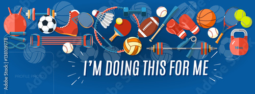 Sport banner Facebook Cover. Set of sport balls and gaming items at a blue background. Corporate facebook cover background. Healthy lifestyle tools, elements. Vector Illustration.