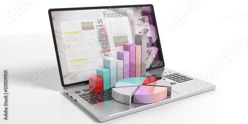 Bar and pie charts on a laptop. 3d illustration