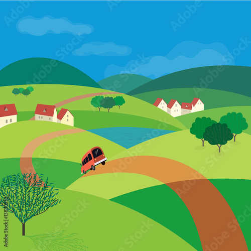 Green landscape. Freehand drawn cartoon outdoors style. Farm houses, country winding road on meadows and fields. Rural community. Lake view among hills. Vector village countryside scene background