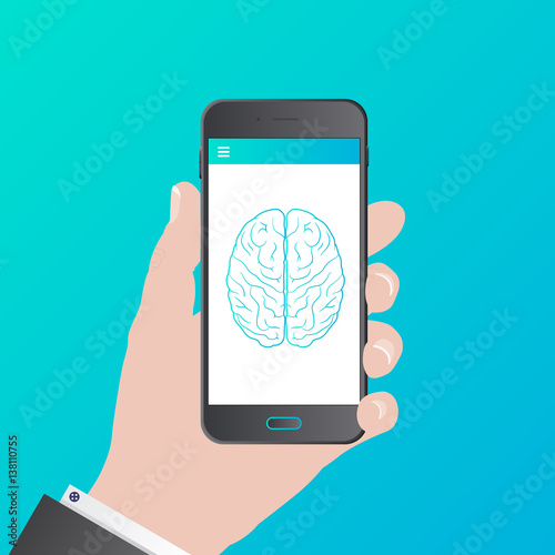 Smart phone with brain on screen. Vector
