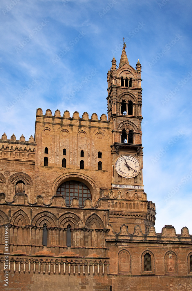 PALERMO, ITALY–03 January 2017: One of the main attractions of city - Palermo Cathedral. Amazing clock tower. Palermo. Sicily