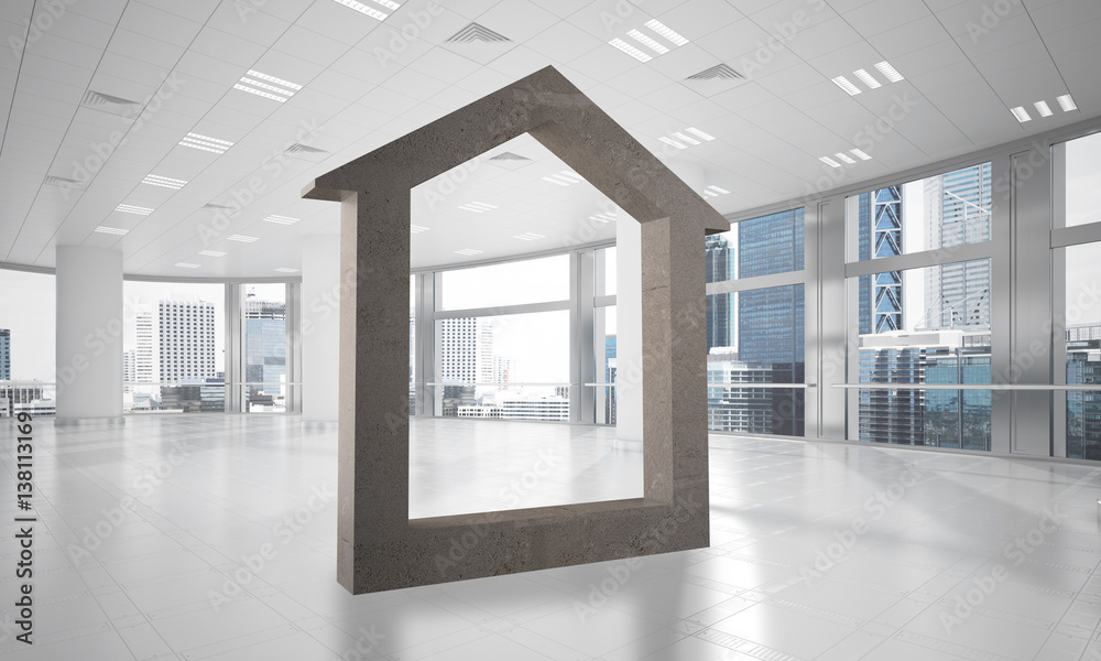 Obraz premium Conceptual background image of concrete home sign in modern office interior