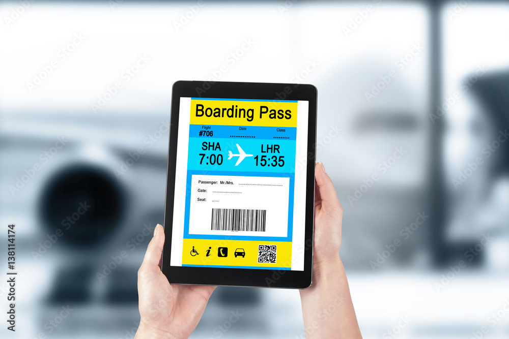 Electronic Boarding Pass on your Tablet. Concept of modern travel.