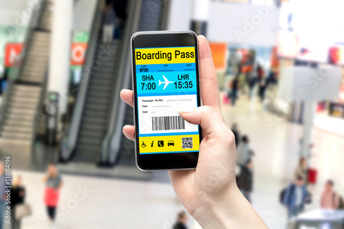 Electronic Boarding Pass on the screen of your smartphone. Concept of modern travel.