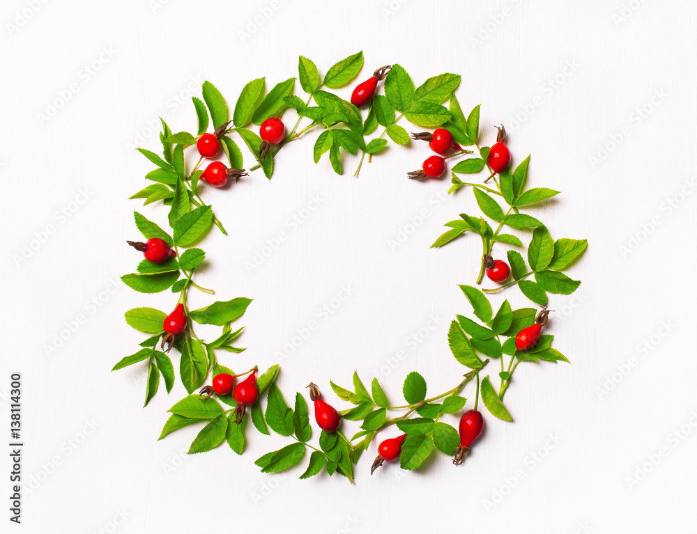 round frame with leaves and red flowers, berries. top view. round frame with leaves and red flowers, berries. top view.