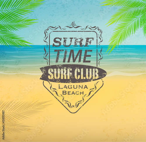 Surf club retro label. Tropical summer beach. Vector illustration