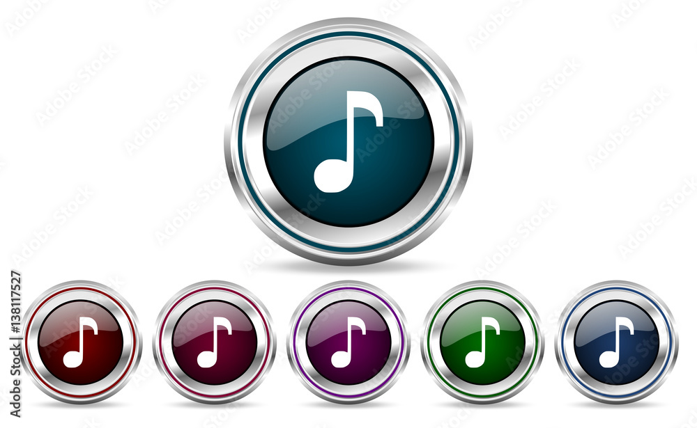 Music silver metallic web set of vector icons isolated on white background in eps 10. Music silver metallic web set of vector icons isolated on white background in eps 10.