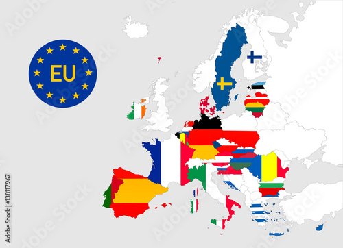 Landkarte der Europäischen Union mit Landesfahnen ohne Großbritannien (Brexit)