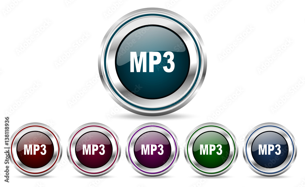 Mp3 silver metallic web set of vector icons isolated on white background in eps 10. Mp3 silver metallic web set of vector icons isolated on white background in eps 10.