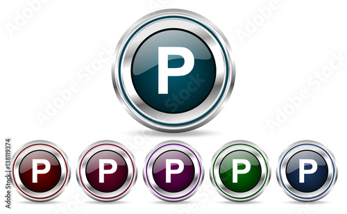 Parking silver metallic web set of vector icons isolated on white background in eps 10.