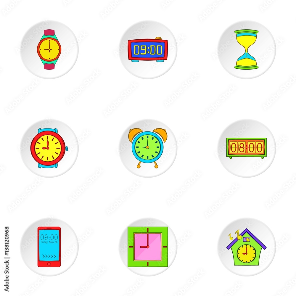 Time dimension icons set, cartoon style