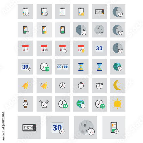 Time icons set. Vector illustration of flat colored pictogram. Sign and symbols