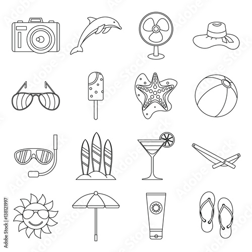 Summer rest icons set, outline style