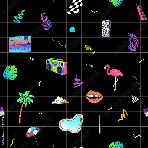 Seamless pattern with flamingo, tropical leaves, palm tree, boombox, pool in retro funky style