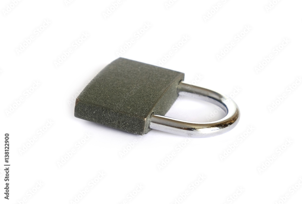 Gray metal padlock in closed position isolated on white top view closeup Gray metal padlock in closed position isolated on white top view closeup