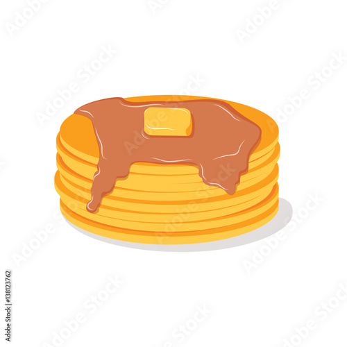 Stack of pancakes with maple syrup and piece of butter.