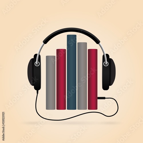 Headphones with books. Audio-book concept. Modern techology.