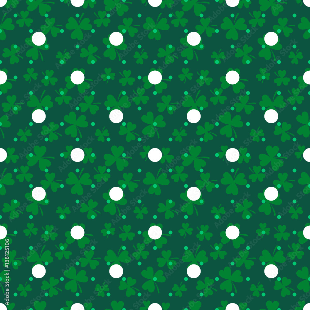 Clover trefoil green leaf seamless dotted vector pattern. St. Patrcks day shamrock plant and white polka dot background.