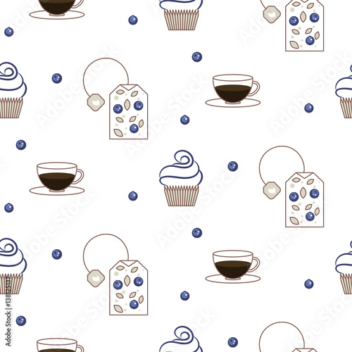 Vector tea bag package blueberry pattern. Brown tea cup and cup cakes with berries white seamless background for hot drink design.