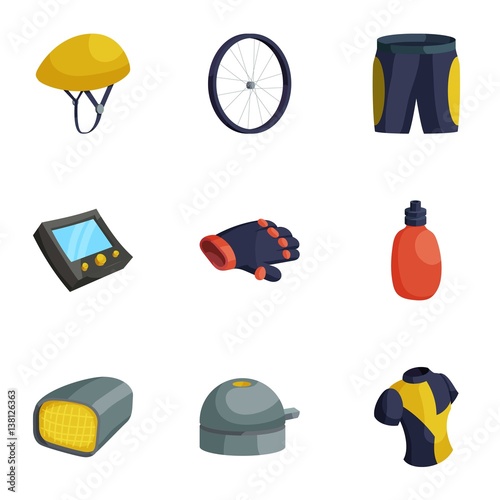 Bike equipment icons set, cartoon style