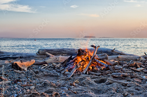 Bonfire is on the shore of Ob reservoir, Novosibirsk.