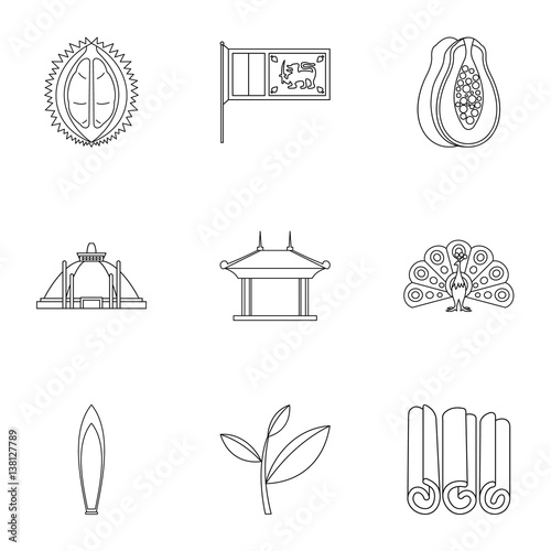 Attractions of Sri Lanka icons set, outline style