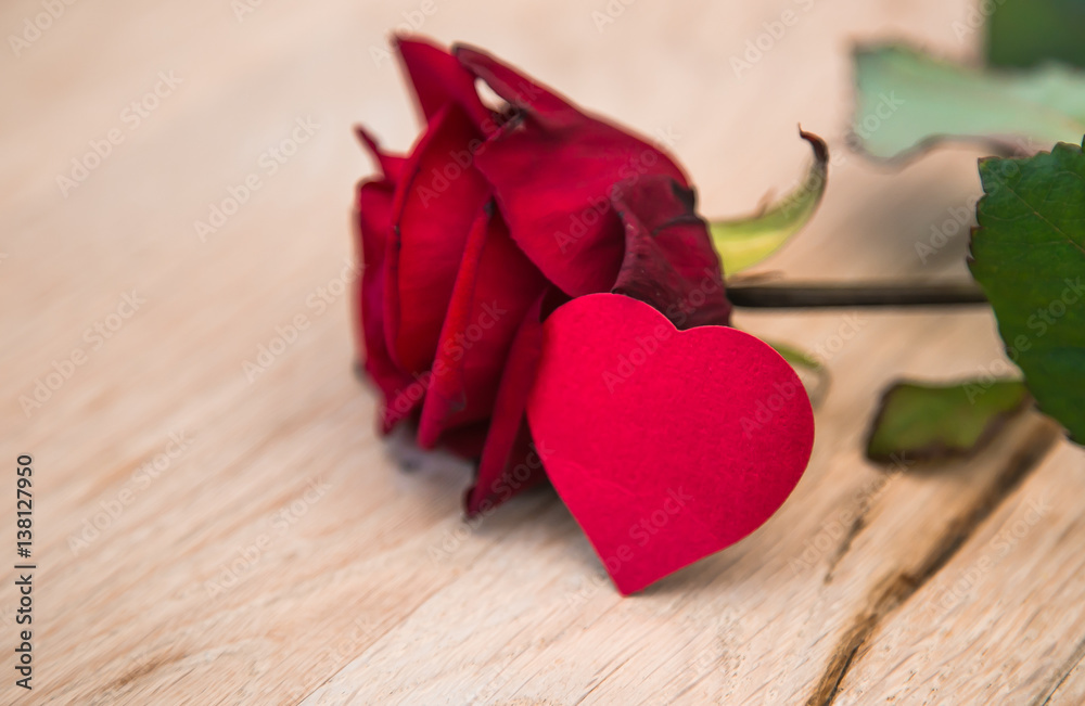single red rose with heart shape paper on wood table single red rose with heart shape paper on wood table