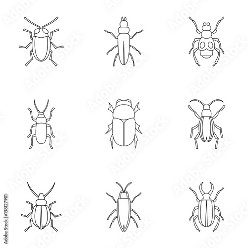 Insects beetles icons set, outline style