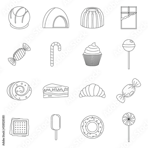 Sweets and candies icons set, outline style