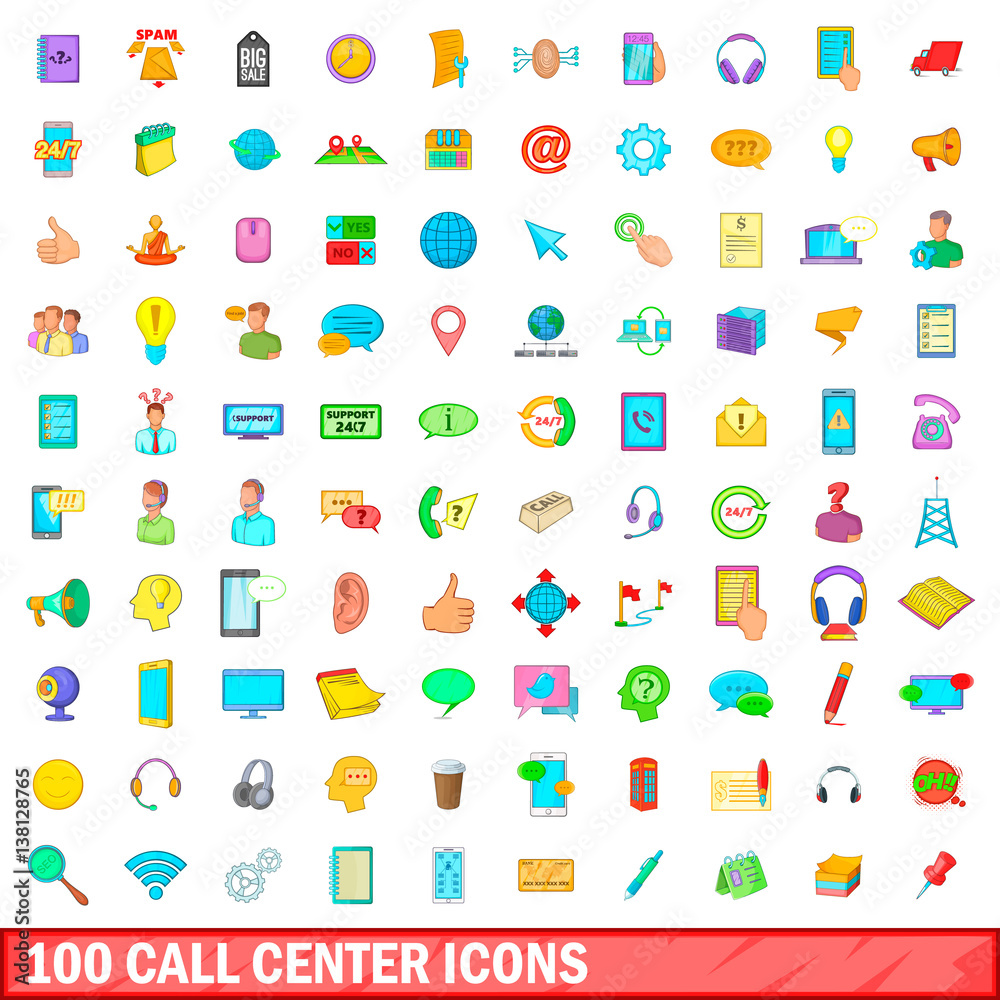 100 call center icons set, cartoon style
