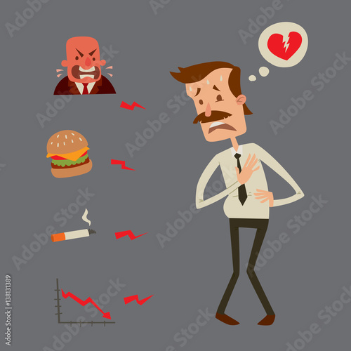 Businessman heart risk man heart attack stress infarct vector illustration smoking drinking alcohol harmful depression dizziness health problems