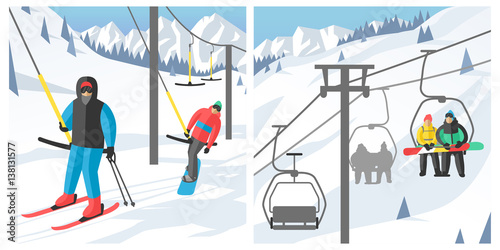 Snowboarder sitting in ski gondola and lift elevators winter sport resort snowboard people rest lifting jump vector illustration mountain