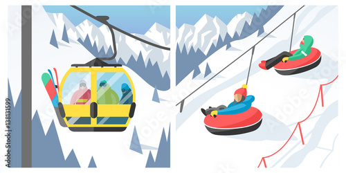 Snowboarder sitting in ski gondola and lift elevators winter sport resort snowboard people rest lifting jump vector illustration mountain photo