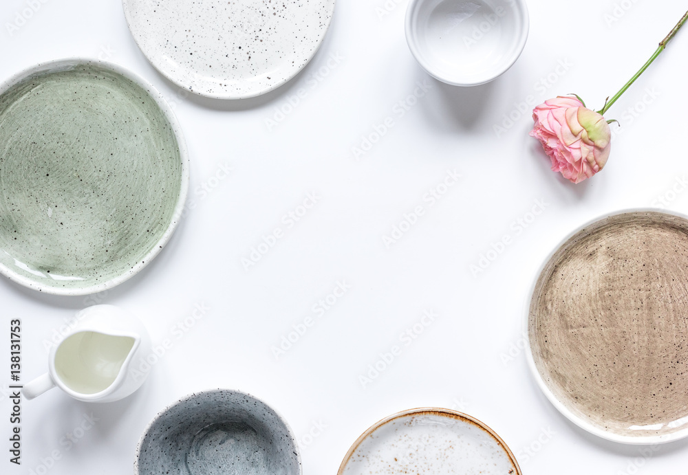 ceramic tableware top view on white background mock up ceramic tableware top view on white background mock up
