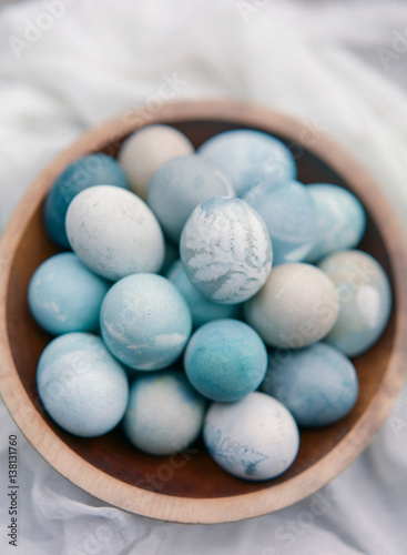 Wooden Bowl of Botanical Naturally Dyed Easter Eggs