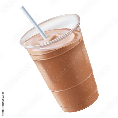 A chocolate or mocha milk shake smoothie or frapachino inside a clear plastic container covered with beads of cold condensation tilted to the left