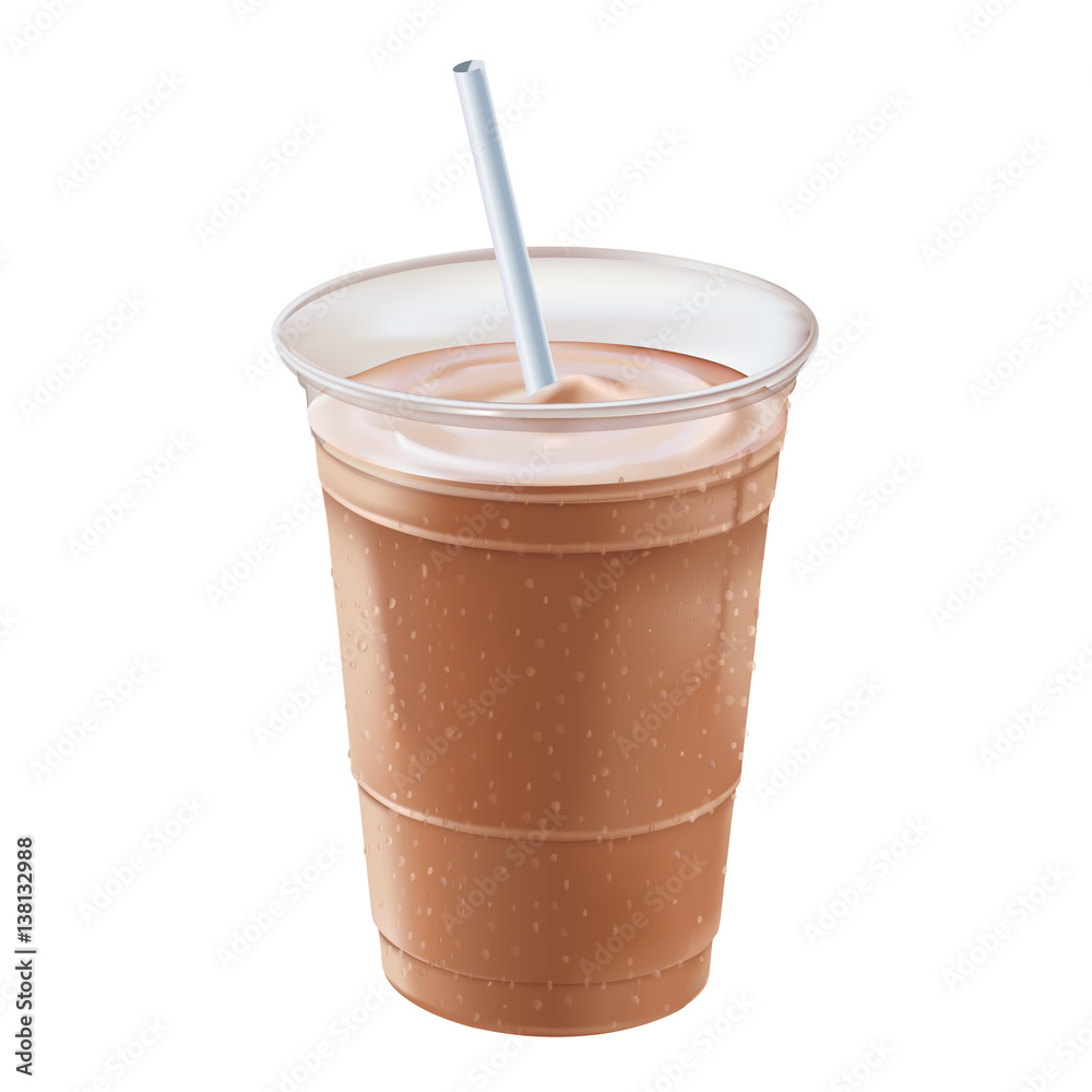 A chocolate or mocha milk shake or smoothie inside a clear plastic container covered with beads of cold condensation standing straight up & down A chocolate or mocha milk shake or smoothie inside a clear plastic container covered with beads of cold condensation standing straight up & down