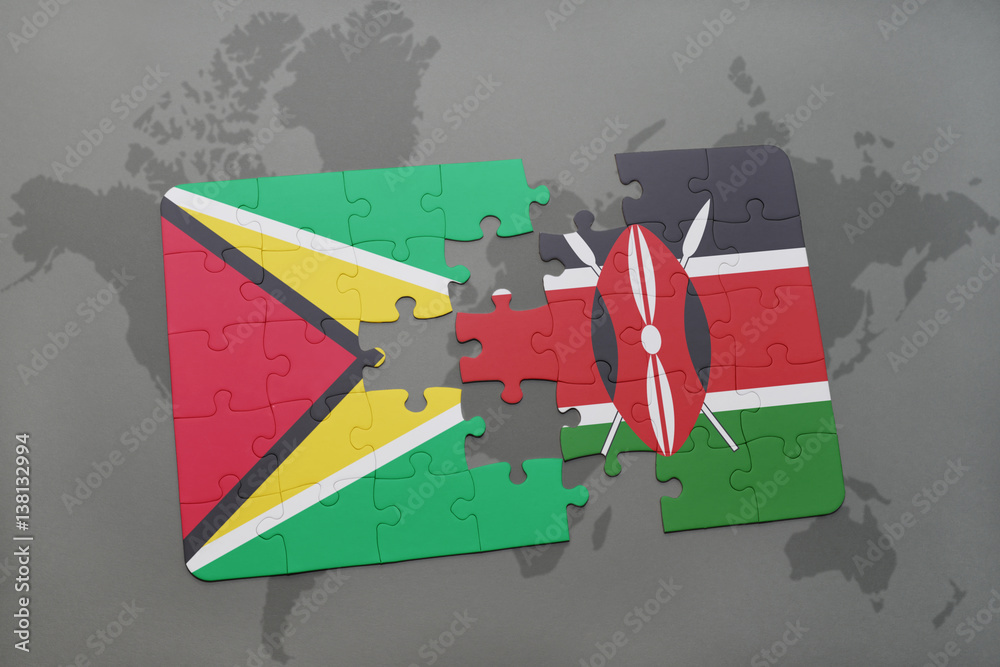 puzzle with the national flag of guyana and kenya on a world map