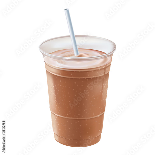 A chocolate or mocha milk shake or smoothie inside a clear plastic container covered with beads of cold condensation standing straight up & down