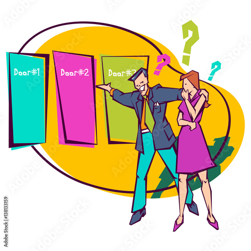 A game show host offers a female contestant the decision of which door to choose.
