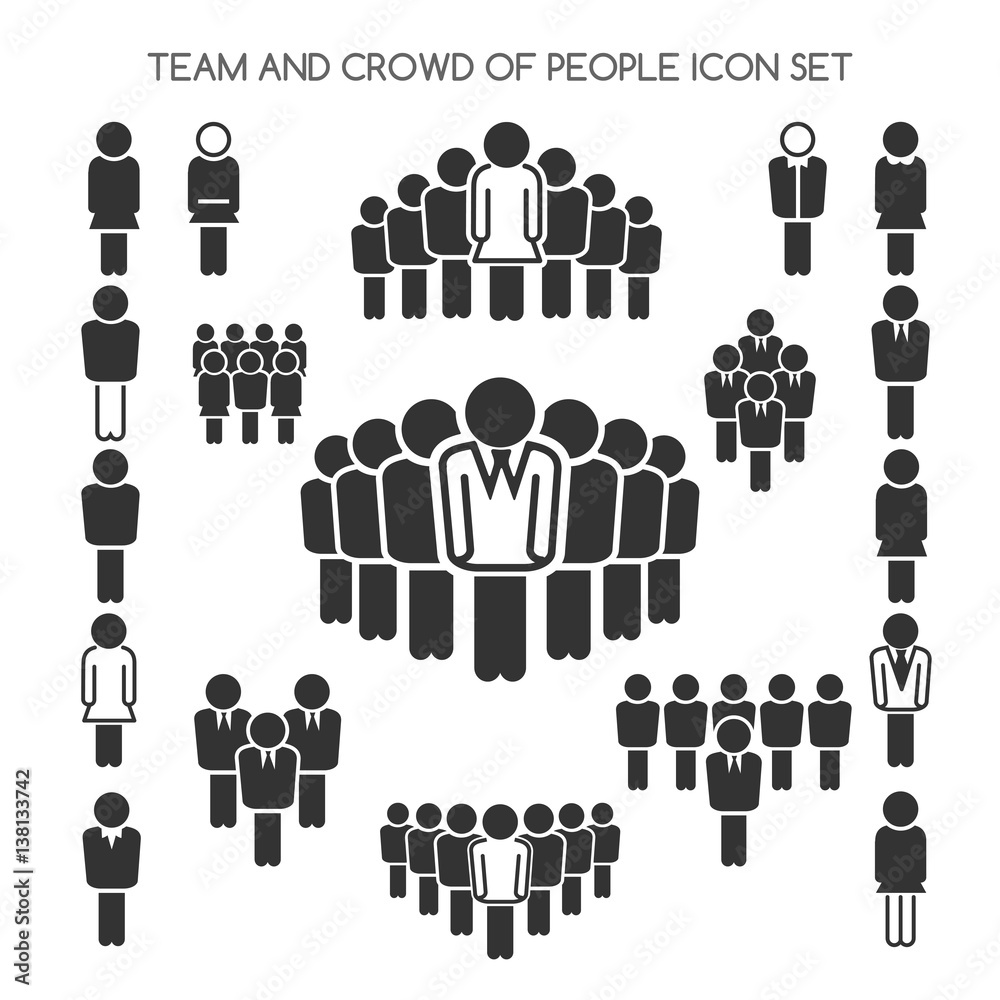 Team and crowd of people and single person icons set isolated on white. Vector illustration