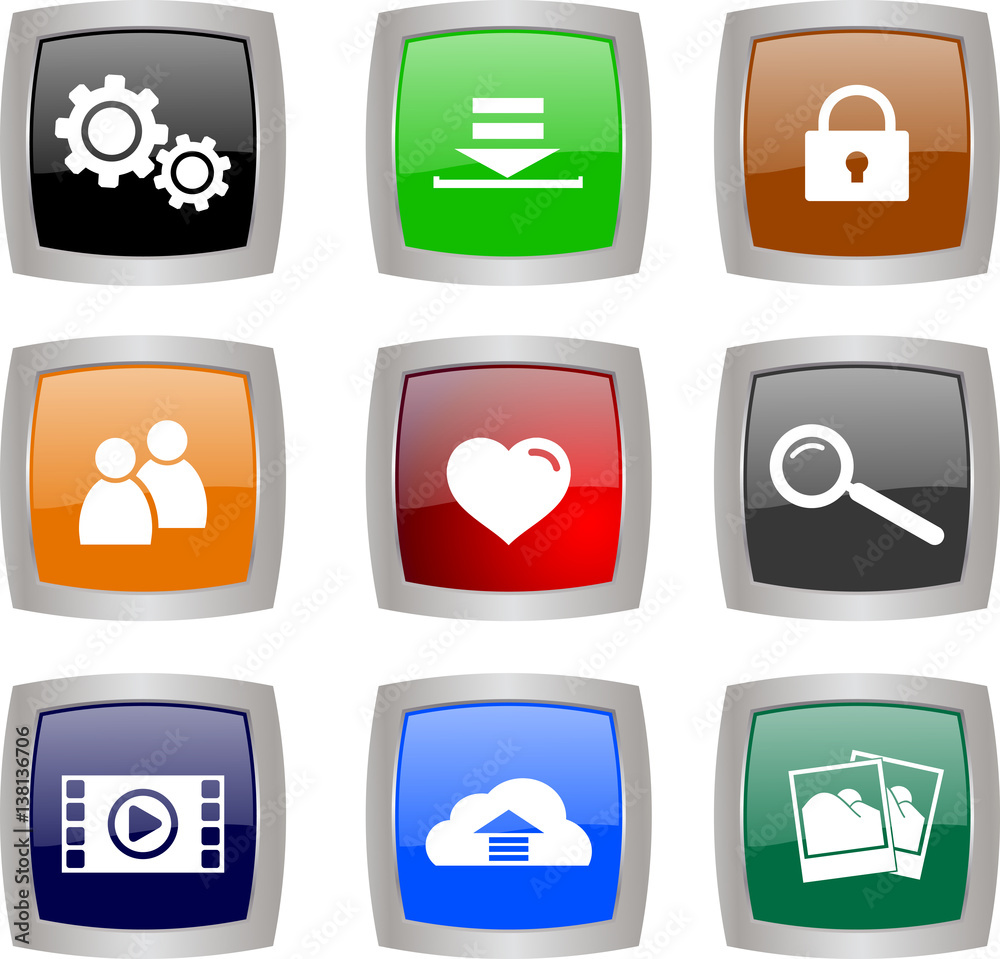 set of nine glossy buttons with internet and tech symbols set of nine glossy buttons with internet and tech symbols
