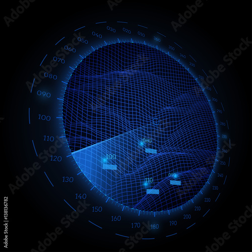 Radar round screen in perspective, on black background. Vector illustration.