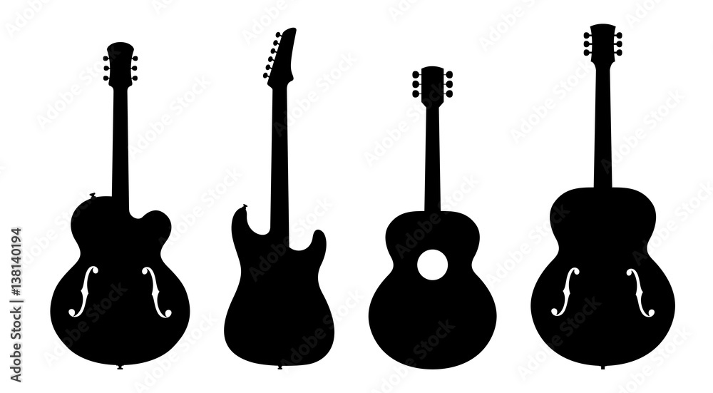 Εκτύπωση καμβά Vector Illustration Of Four No Name, No Brand, Imaginary Jazz Guitar Silhouettes