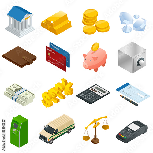 Isometric Business and Finance Icons. Flat 3d isometric illustration. For infographics and design