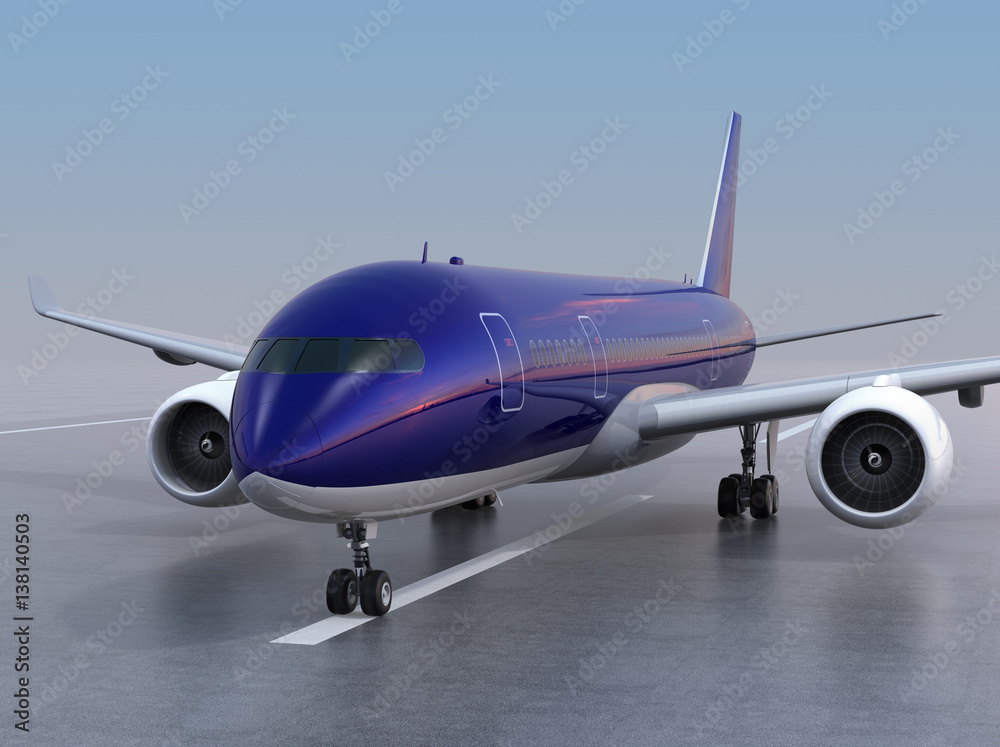 Naklejka premium Passenger airplane taxiing on the runway. 3D rendering image.